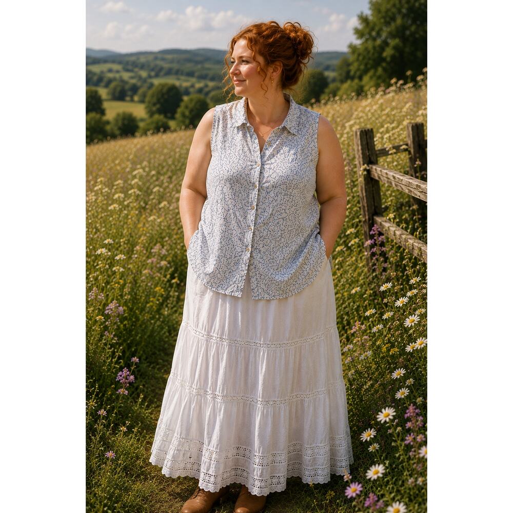 Jones New York Linen Floral Sleeveless Top 16W Cottagecore Prairie Button Up
